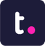 A white t with a pink dot to the right of it inside a dark blue square with rounded corners